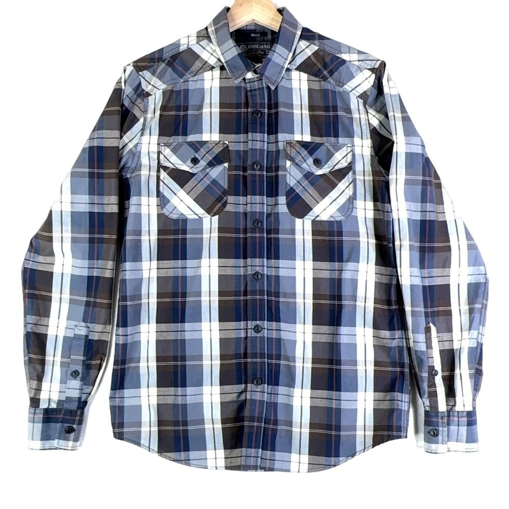 American Rag Mens Plaid Buttondown Shirt Small Blue Gray‎ Pocket Workwear Skater